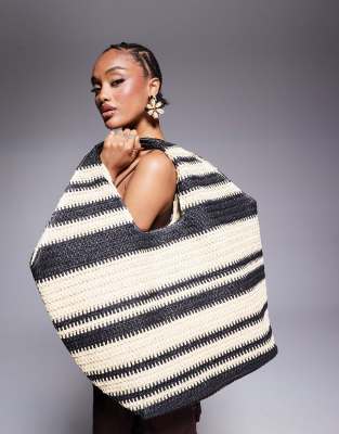South Beach oversized landscape straw tote bag in black stripe