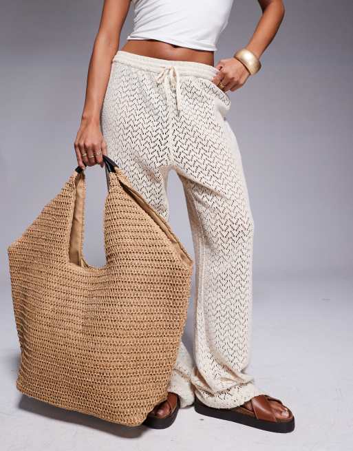 South Beach oversized landscape woven shoulder bag in beige