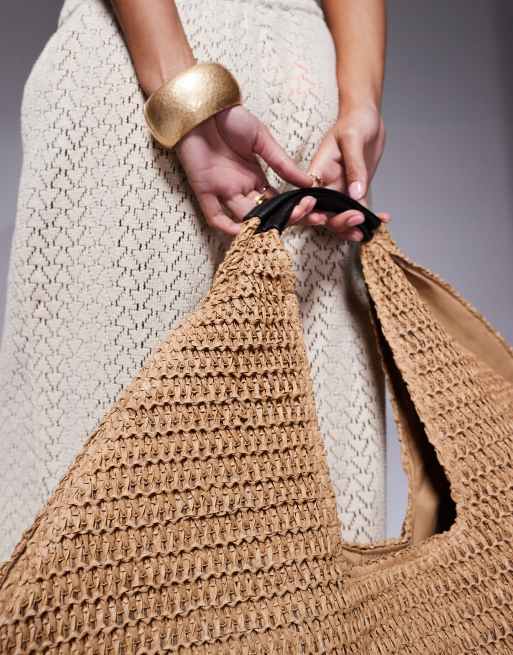 South Beach oversized landscape woven shoulder bag in beige