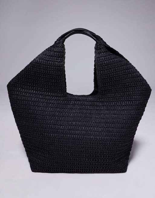 South Beach oversized landscape woven shoulder bag in black