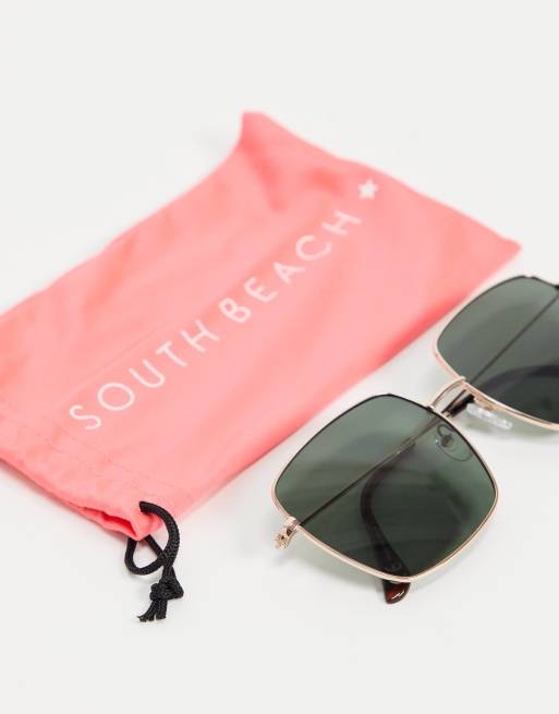 South Beach - Oversized og firkantede solbriller med guldfarvet stel og grønne glas, 2 af 4
