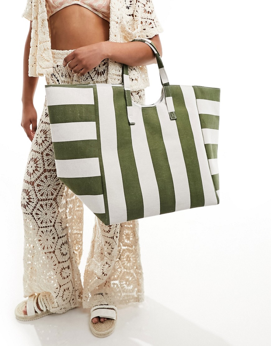 oversized shoulder tote bag in khaki stripe-Green