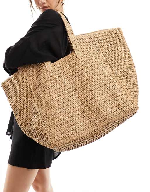  South Beach oversized woven shoulder bag in beige