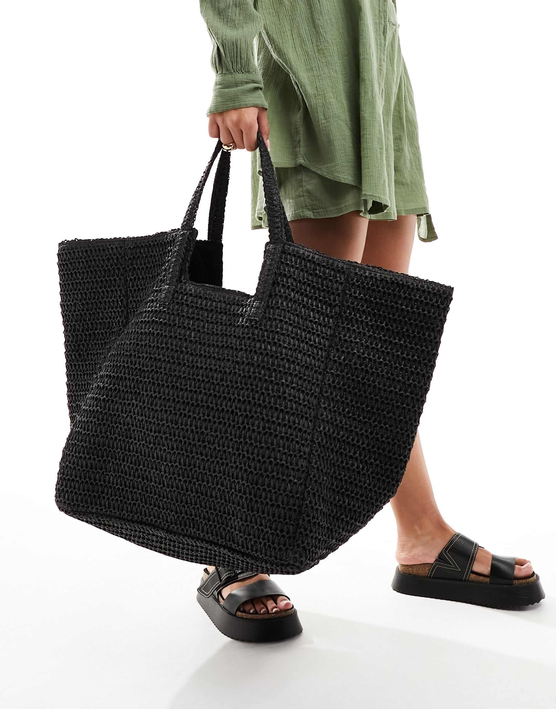south beach oversized woven shoulder bag in black