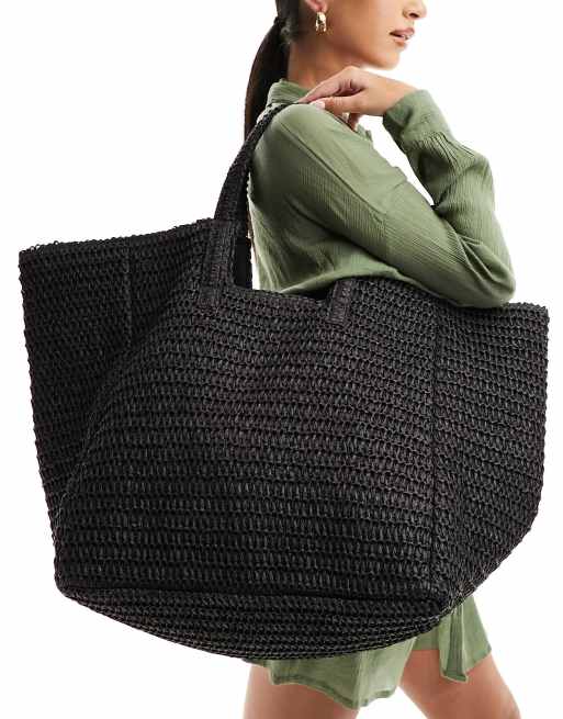 South Beach oversized woven shoulder bag in black 