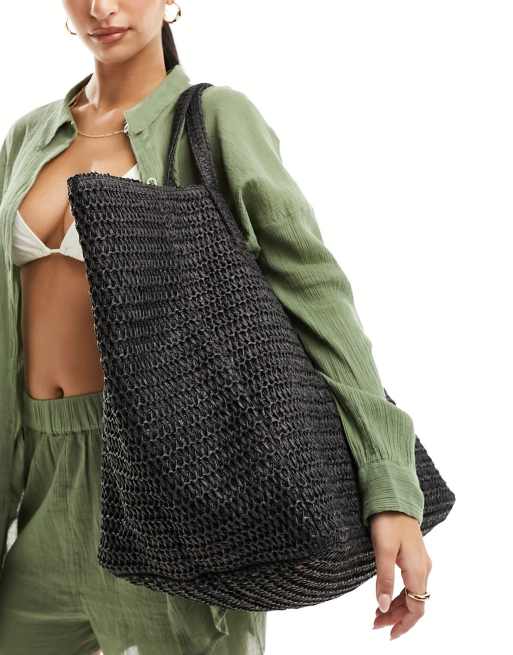 South Beach oversized woven shoulder bag in black 