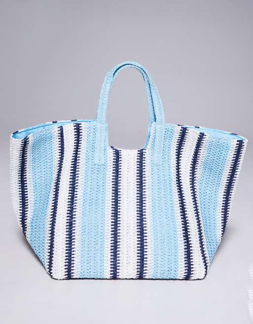 South Beach oversized woven shoulder bag in blue stripe 