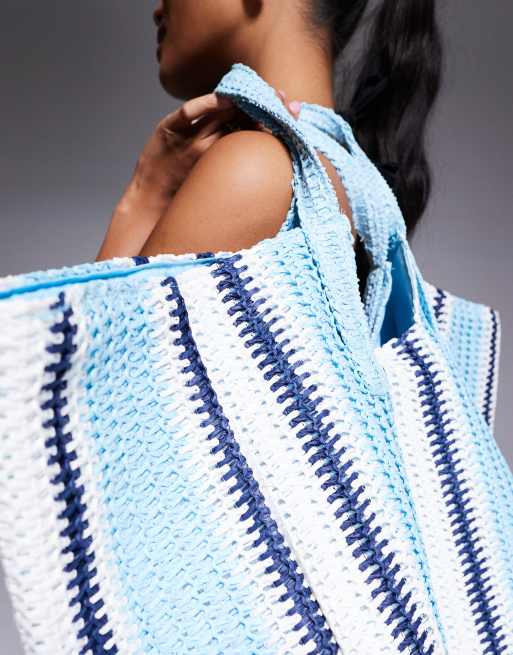 South Beach oversized woven shoulder bag in blue stripe 