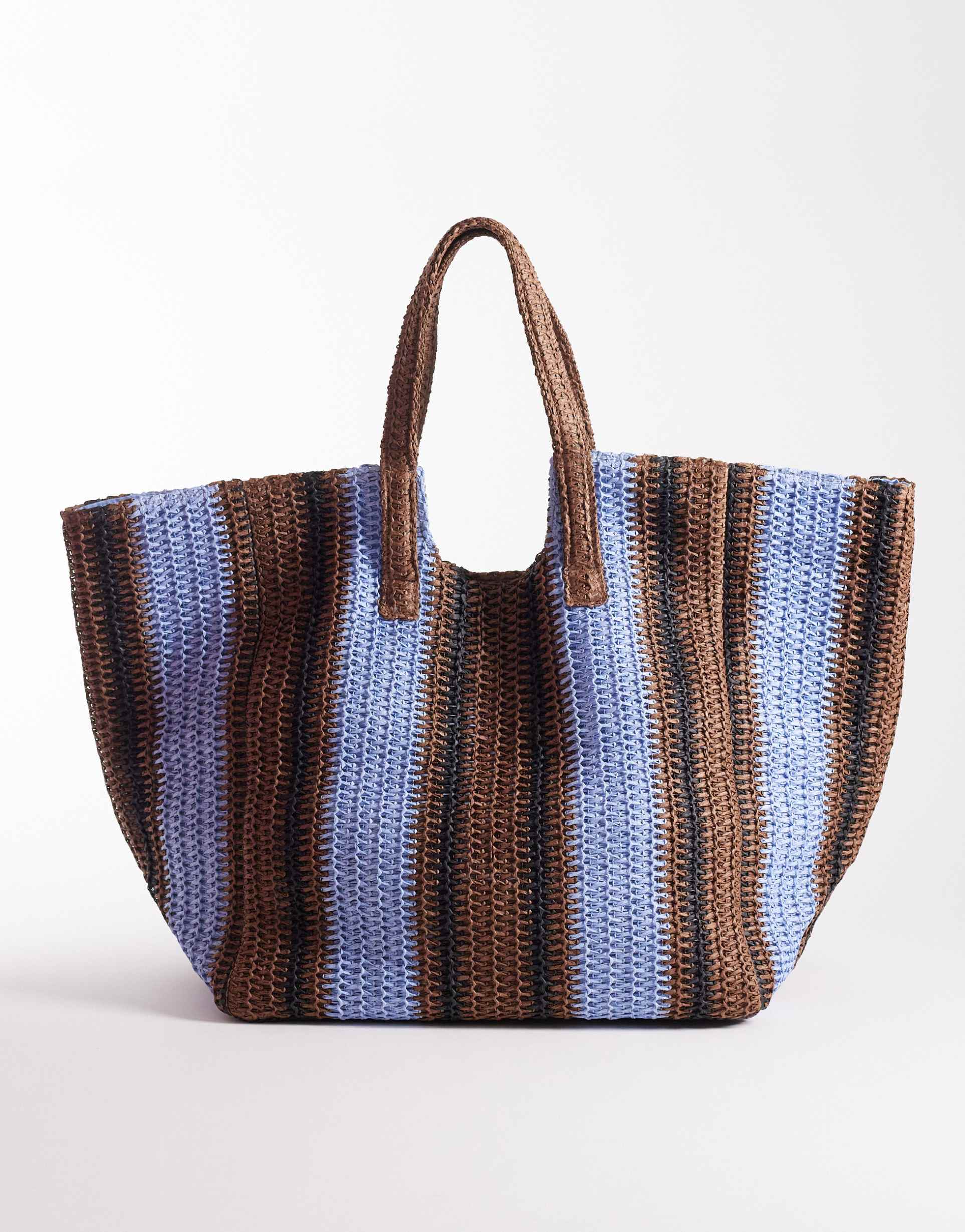 south beach oversized woven shoulder bag in brown and blue stripe