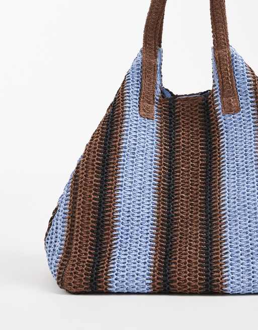 South Beach oversized woven shoulder bag in brown and blue stripe , 3 of 4