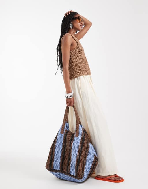 South Beach oversized woven shoulder bag in brown and blue stripe , 4 of 4