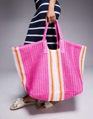 oversized woven shoulder bag in pink stripe