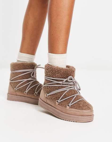 South Beach padded borg snow boots in mocha - view 1
