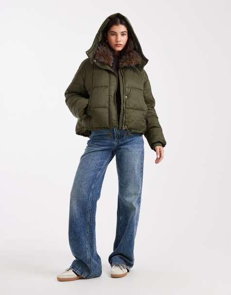 South Beach padded jacket with faux fur lined hood in khaki 