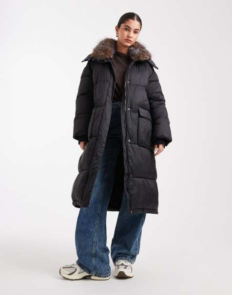 South Beach padded long coat with faux fur lined hood in black 