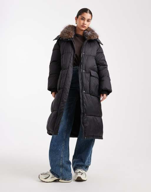 South Beach padded long coat with removable faux fur shawl in black 