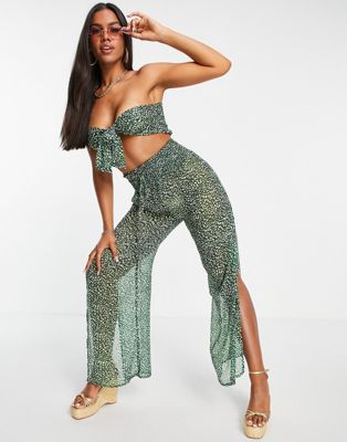 South Beach paisley chiffon bandeau tie front top and loose fitting pants set in green - ASOS Price Checker