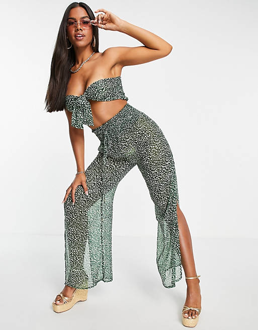 South Beach paisley chiffon bandeau tie front top and loose fitting pants set in green