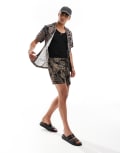 [South Beach] South Beach palm leaf beach shorts in black and beige (part of a set)-Multi S Black and beige