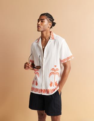 palm print camp collar beach shirt in white