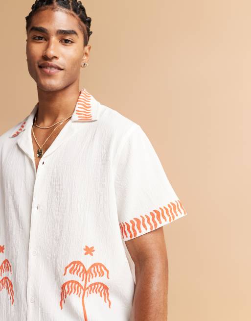 South Beach palm print camp collar beach shirt in white