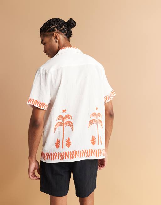 South Beach palm print camp collar beach shirt in white