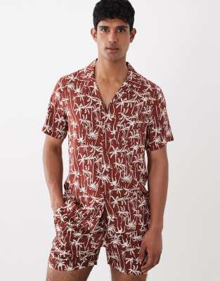 South Beach Palm Print Camp Collar Shirt In Brown