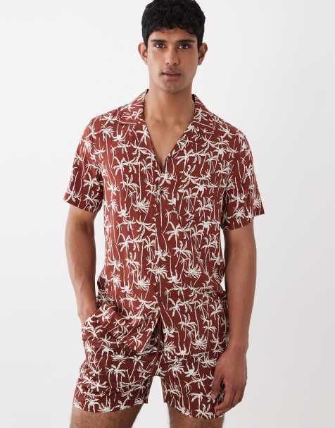 South Beach palm print revere shirt in brown