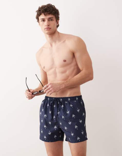 South Beach palm tree motif swim short in navy - view 1