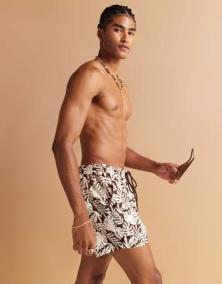 palm tree print swim shorts in brown
