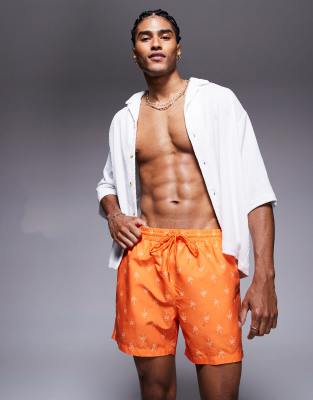 palm tree print swim shorts in orange