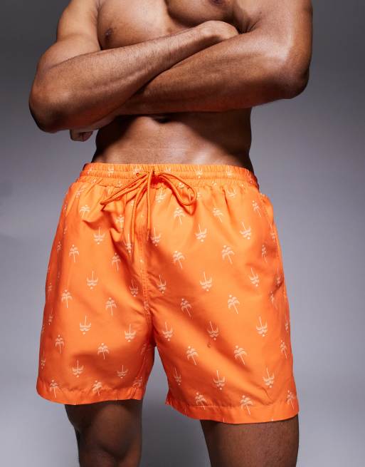 South Beach palm tree print swim shorts in orange, 3 of 4