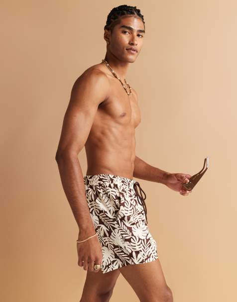 South Beach palm tree print swimshort in brown - view 1