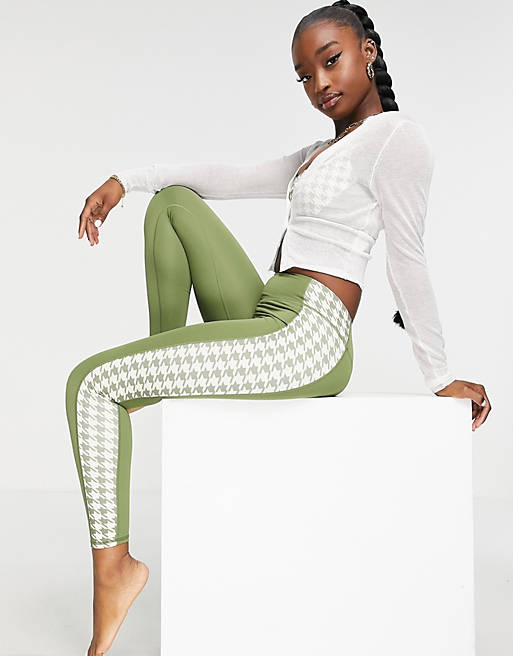 South Beach panelled houndstooth leggings in khaki