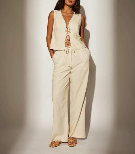 South Beach - Pantalon de plage ajusté en lin mélangé - Beige - view 1