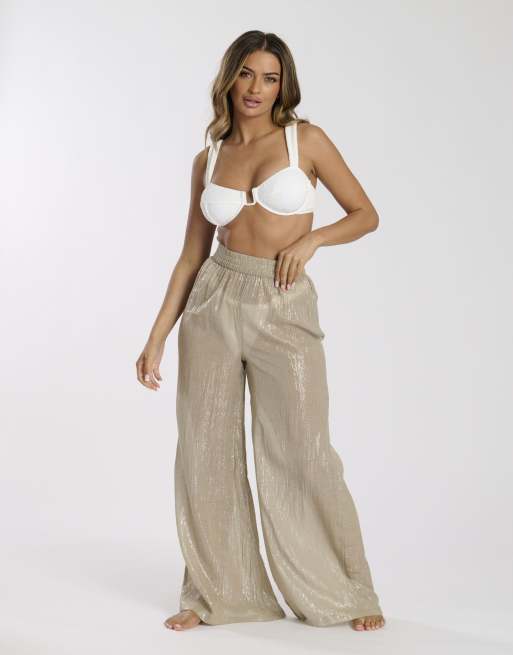 South Beach - Pantalon de plage ample métallisé - Kaki , 3 de 7