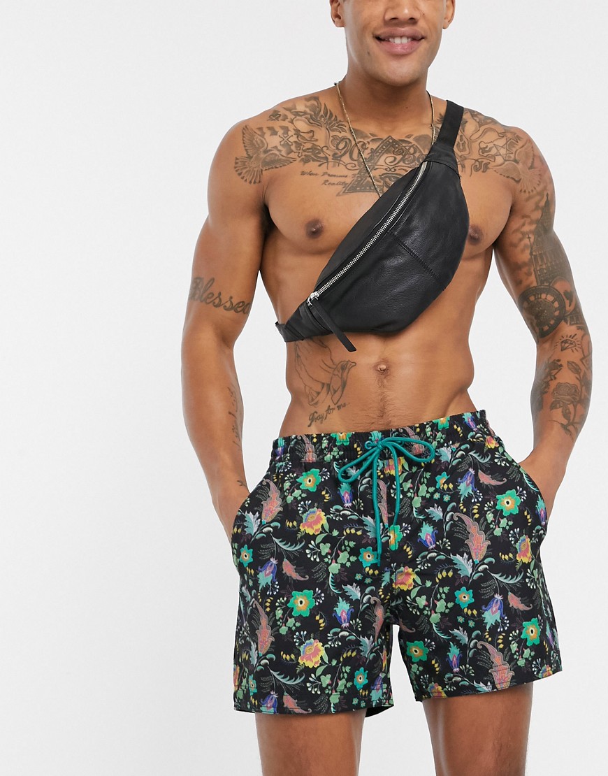 South Beach - Pantaloncini da bagno con stampa a fiori e foglie-Nero
