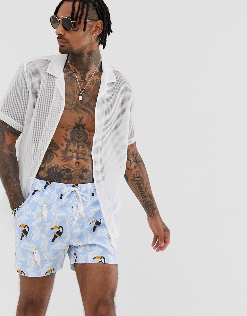 South Beach - Pantaloncini da bagno con vita elastica e stampa con uccelli blu