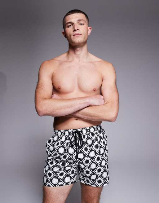 South Beach - Pantaloncini da bagno neri multicolore con stampa geometrica di meridiane