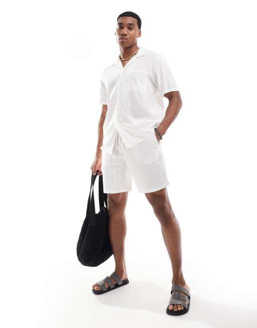 South Beach - Pantaloncini da mare effetto lino bianchi in coordinato