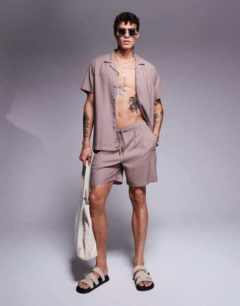 South Beach - Pantaloncini da mare in misto lino color tortora in coordinato - view 1
