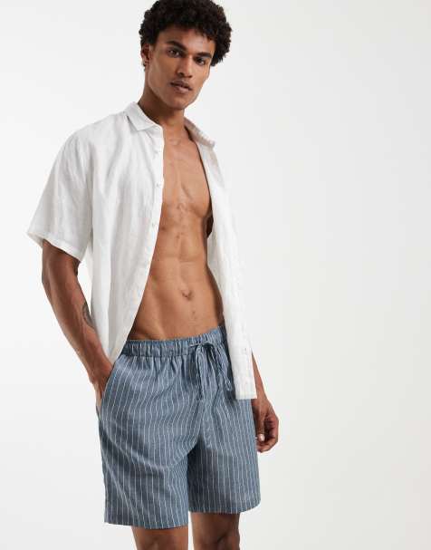 South Beach - Pantaloncini misto lino blu sbiadito a righe - view 1