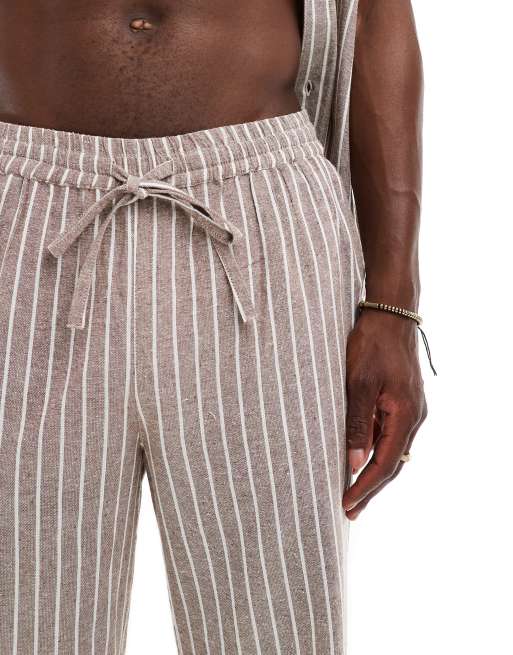South Beach - Pantaloni da mare effetto lino marroni a righe bianche, 5 di 5