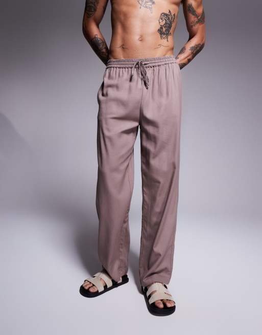 South Beach - Pantaloni da mare in misto lino color tortora in coordinato