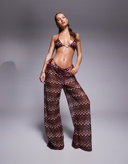 South Beach - Pantaloni da spiaggia rosso ciliegia larghi con motivo a spina di pesce