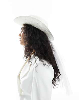 South Beach South Beach pearl embellished cowboy hat with pearl veil in natural-White