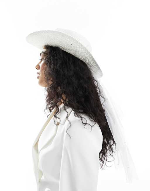 South Beach pearl embellished cowboy hat with pearl veil in natural | ASOS