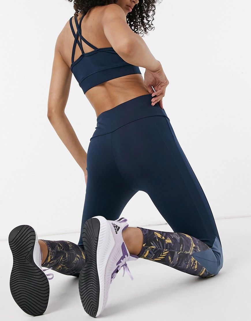 South Beach performance leggings with tropical print panels in dress blue & multi-Blues