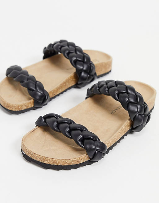 South Beach plaited double strap slides in black
