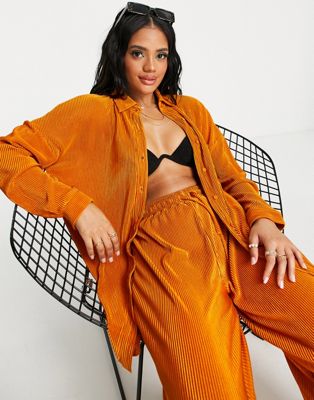 South Beach plisse oversized beach shirt co ord in high shine copper